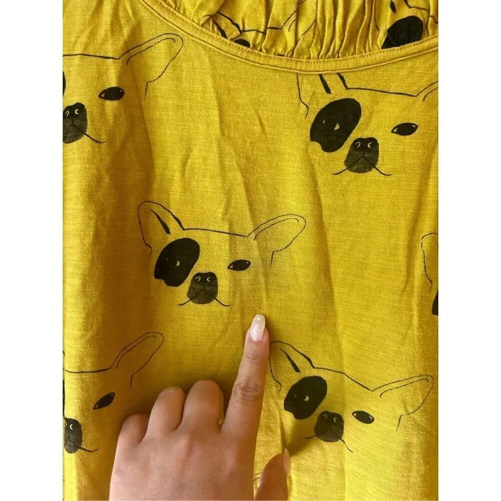 Postmark French Bulldog Print Knitted Top sz M mustard yellow